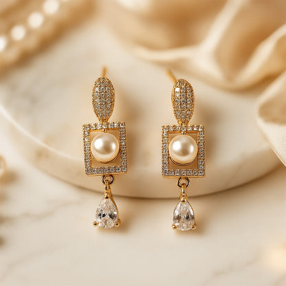 Stylish Pearl and CZ Stone Rectangle Drop Earrings for Women