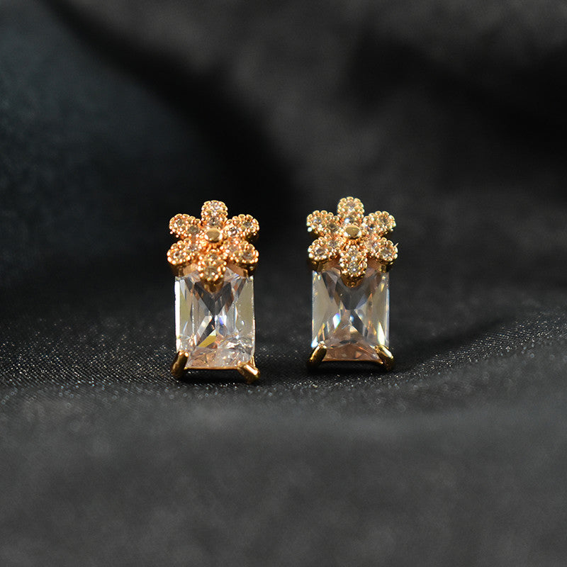 Stylish Floral Top Rectangular CZ Stone Stud Earrings for Women