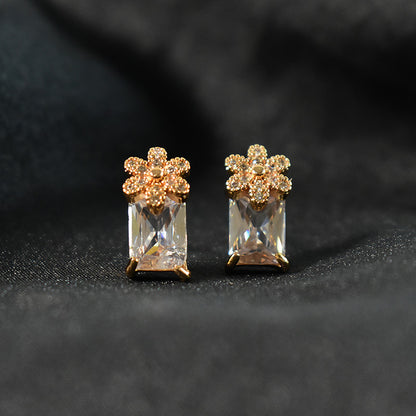 Stylish Floral Top Rectangular CZ Stone Stud Earrings for Women