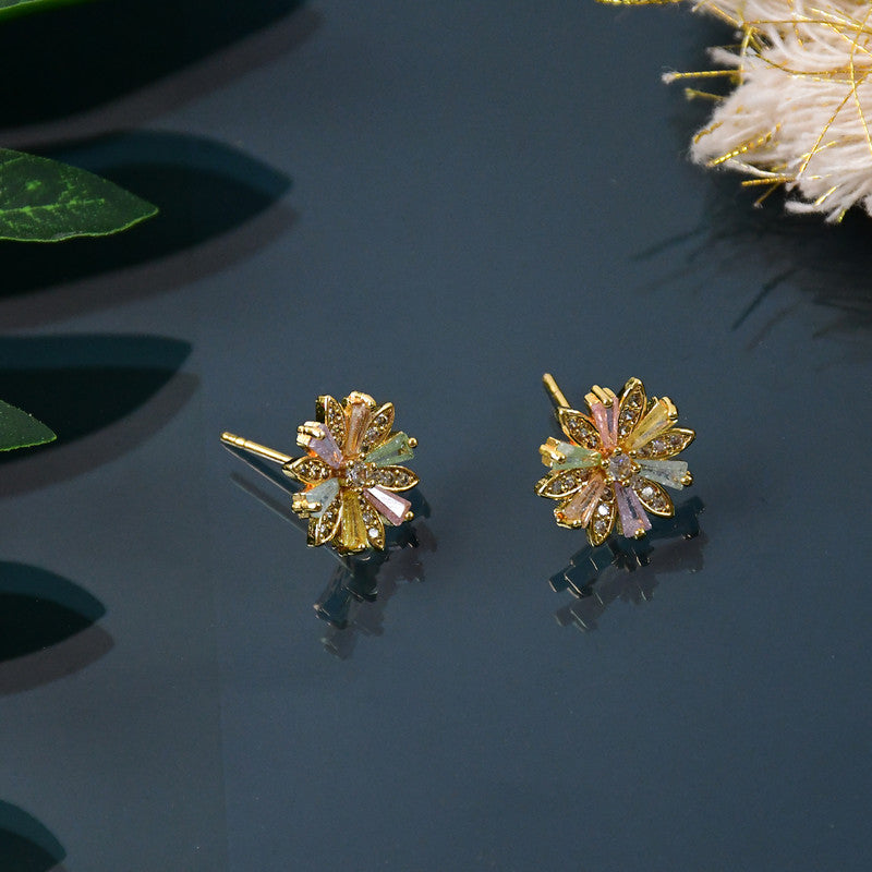 Multicolor Crystal Floral Stud Earrings with Gold Finish for Women