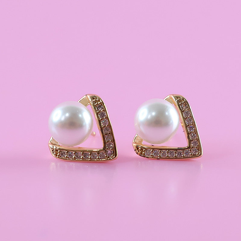 Elegant Triangle Design Pearl and CZ Stone Stud Earrings for Women