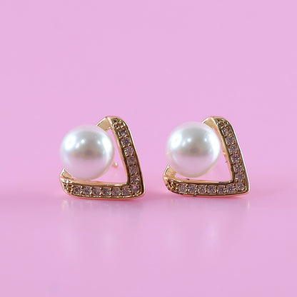 Elegant Triangle Design Pearl and CZ Stone Stud Earrings for Women