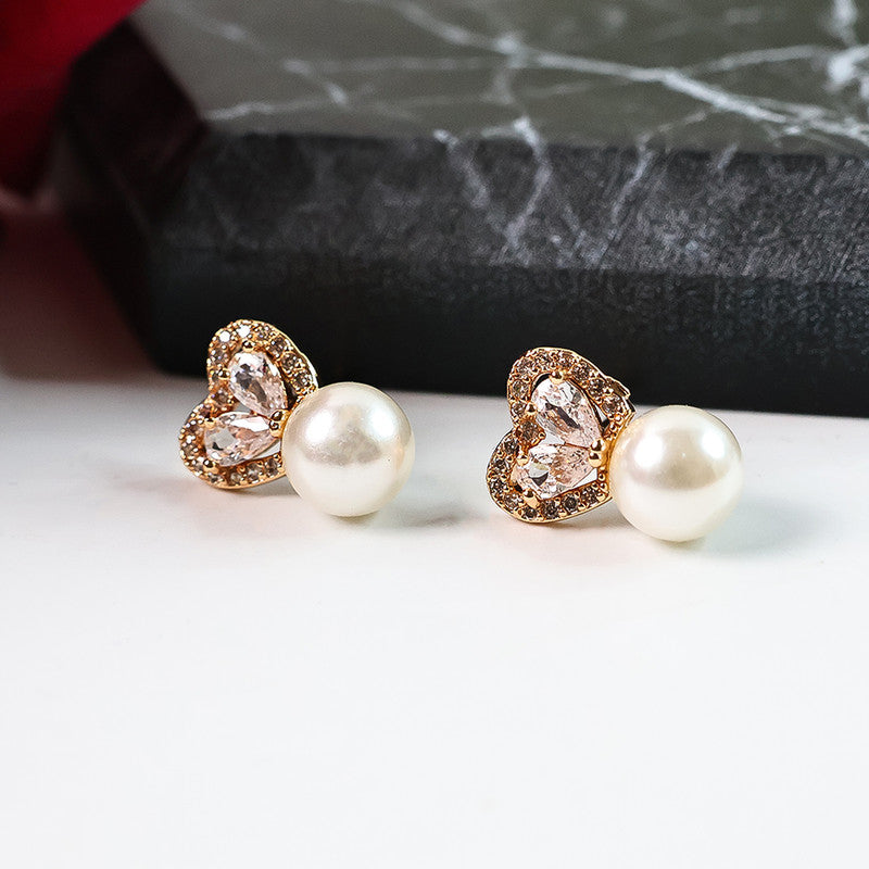 Elegant Heart Shape Pearl and CZ Stone Stud Earrings for Women