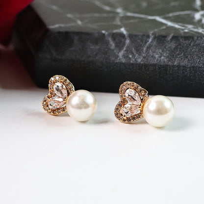 Elegant Heart Shape Pearl and CZ Stone Stud Earrings for Women