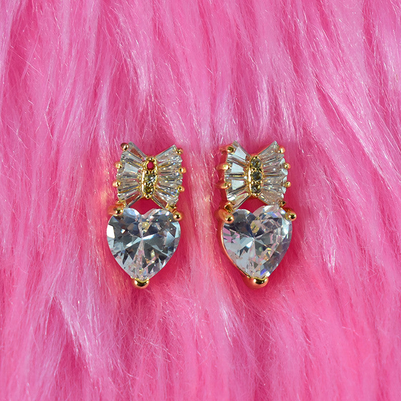 Elegant Heart Shape Bow Design CZ Stone Stud Earrings for Women