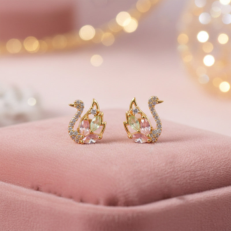 Multicolor Crystal Swan Stud Earrings with Gold Finish for Women