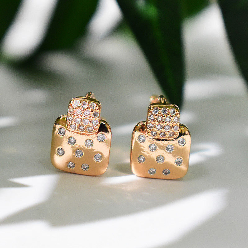 Trendy Dual Square Gold Plated CZ Stone Stud Earrings for Women