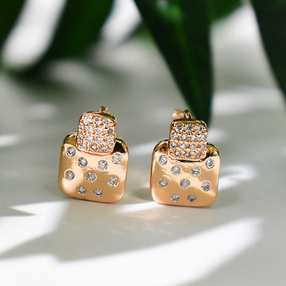 Trendy Dual Square Gold Plated CZ Stone Stud Earrings for Women