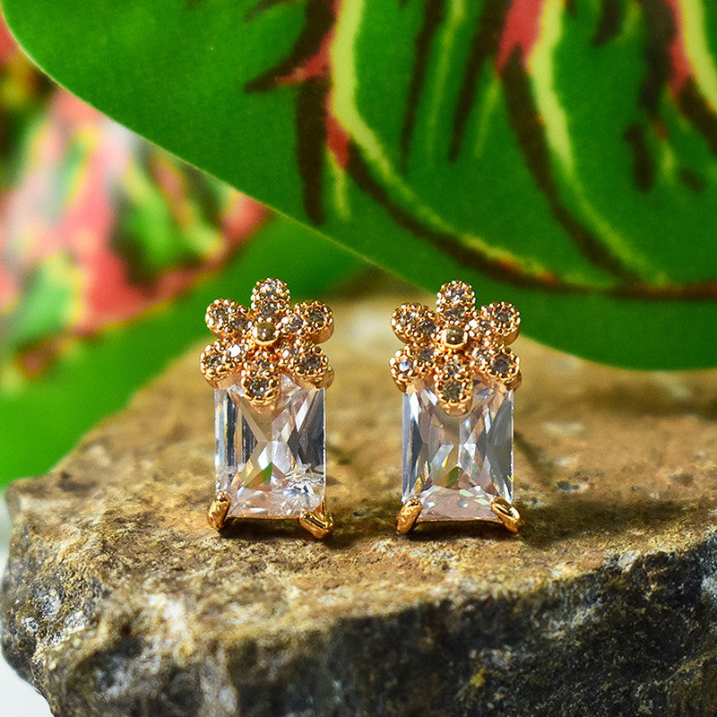 Stylish Floral Top Rectangular CZ Stone Stud Earrings for Women