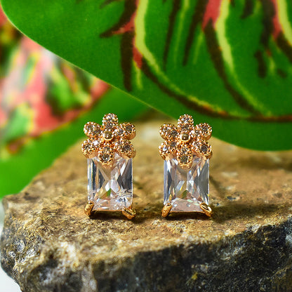 Stylish Floral Top Rectangular CZ Stone Stud Earrings for Women