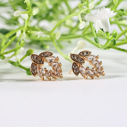 Elegant Leaf Pattern CZ Stone Stud Earrings for Women