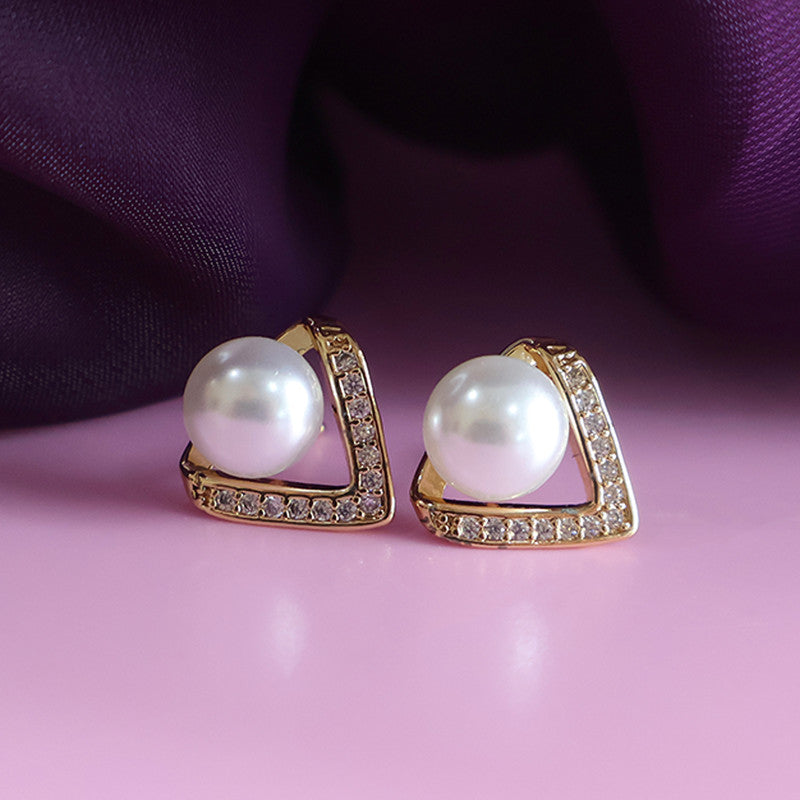 Elegant Triangle Design Pearl and CZ Stone Stud Earrings for Women