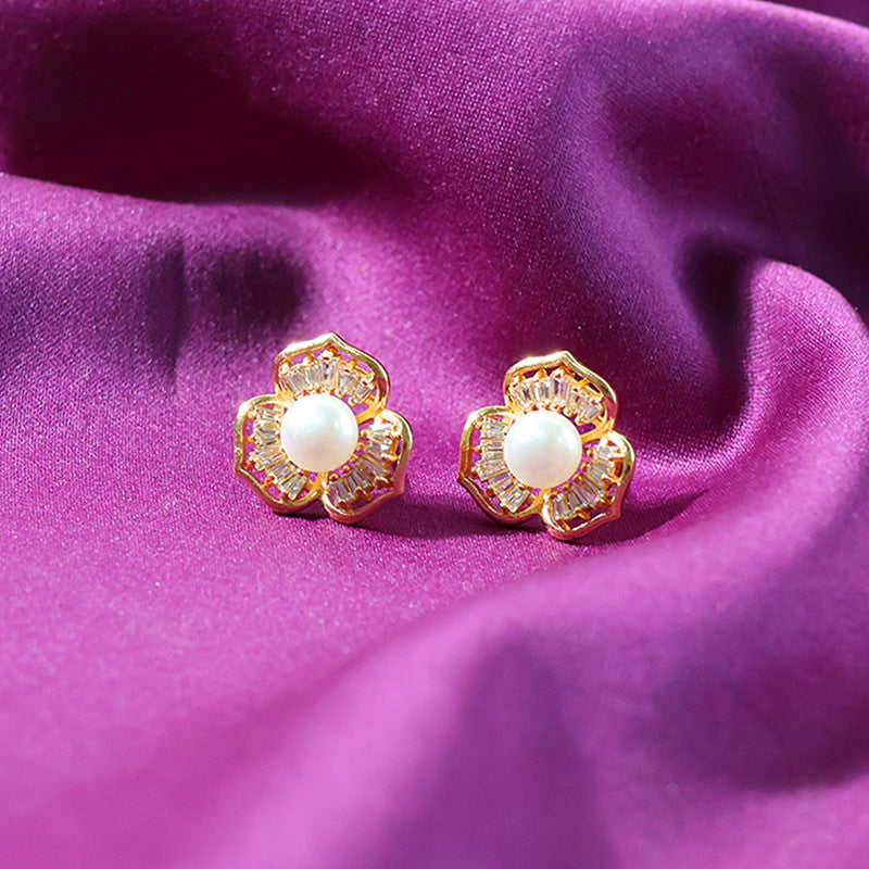 Pearl Center Floral Stud Earrings with Crystal Detailing and Gold Finish