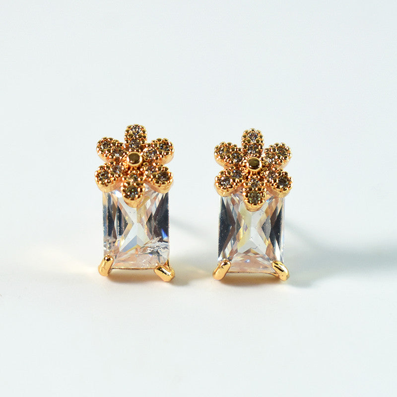 Stylish Floral Top Rectangular CZ Stone Stud Earrings for Women