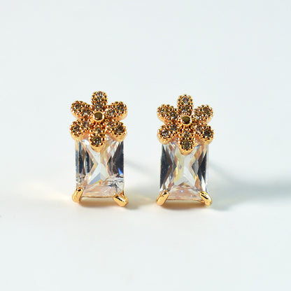 Stylish Floral Top Rectangular CZ Stone Stud Earrings for Women