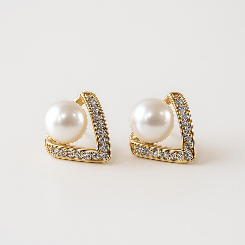 Elegant Triangle Design Pearl and CZ Stone Stud Earrings for Women