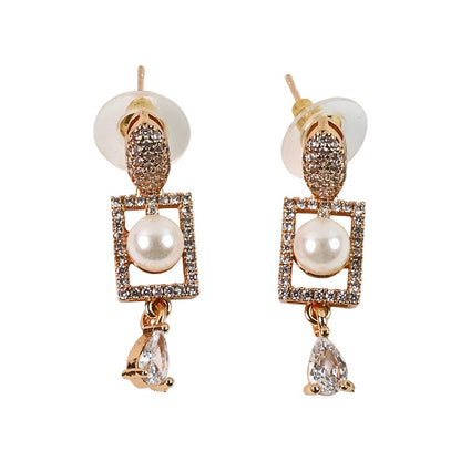 Stylish Pearl and CZ Stone Rectangle Drop Earrings for Women