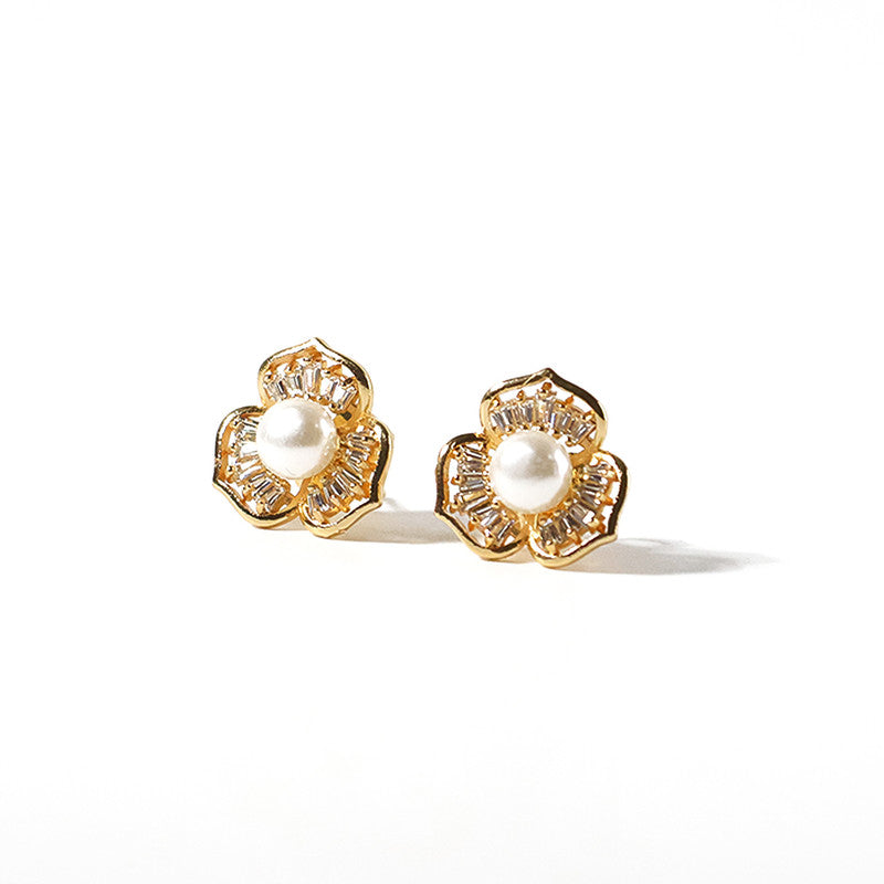 Pearl Center Floral Stud Earrings with Crystal Detailing and Gold Finish