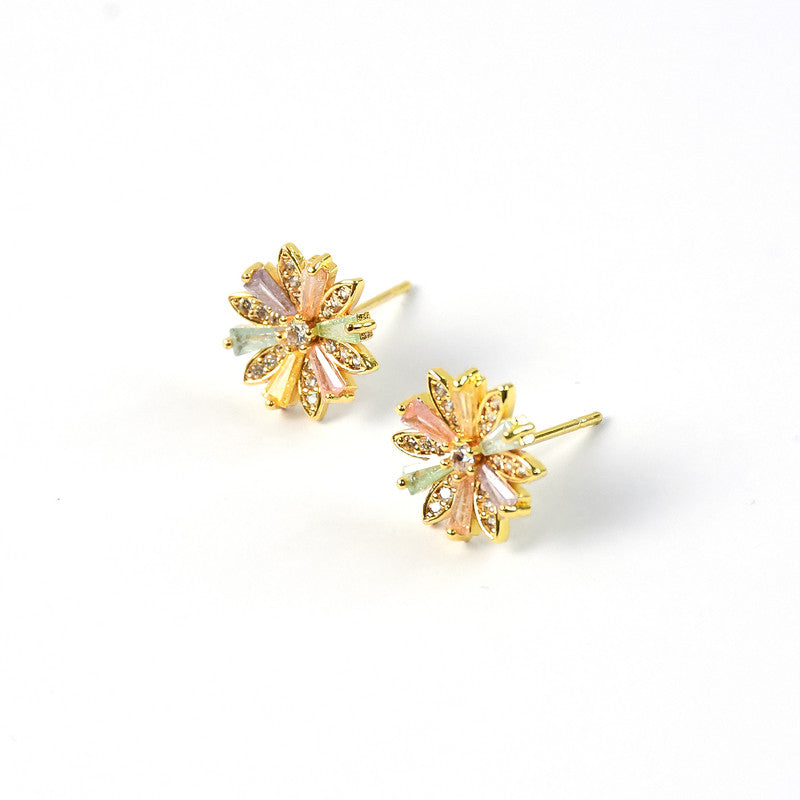 Multicolor Crystal Floral Stud Earrings with Gold Finish for Women