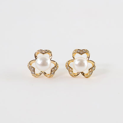 Charming Floral Pearl and CZ Stone Stud Earrings for Women