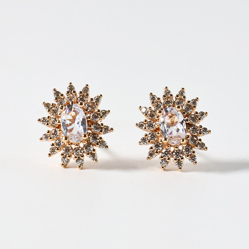 Elegant Oval Floral CZ Stone Stud Earrings for Women