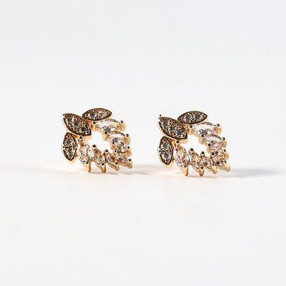 Elegant Leaf Pattern CZ Stone Stud Earrings for Women