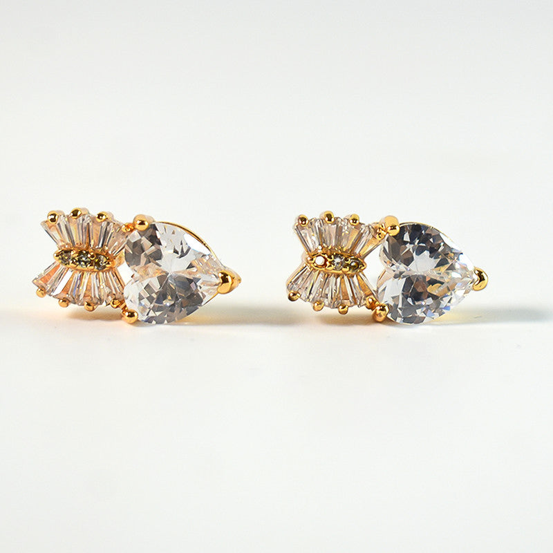 Elegant Heart Shape Bow Design CZ Stone Stud Earrings for Women
