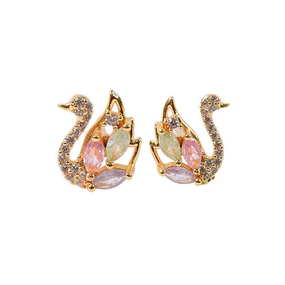 Multicolor Crystal Swan Stud Earrings with Gold Finish for Women