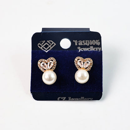 Elegant Heart Shape Pearl and CZ Stone Stud Earrings for Women