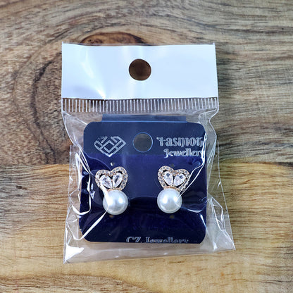 Elegant Heart Shape Pearl and CZ Stone Stud Earrings for Women