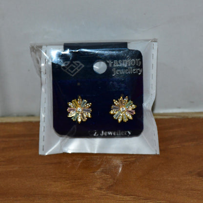 Multicolor Crystal Floral Stud Earrings with Gold Finish for Women