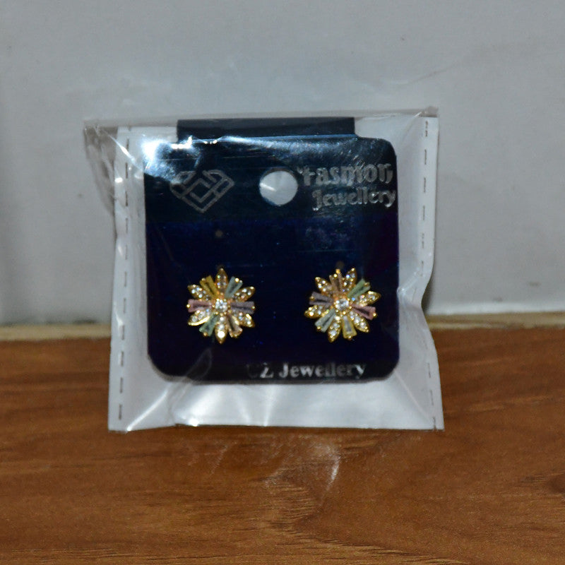 Multicolor Crystal Floral Stud Earrings with Gold Finish for Women