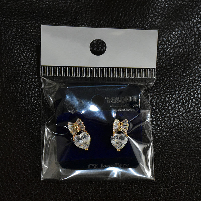 Elegant Heart Shape Bow Design CZ Stone Stud Earrings for Women