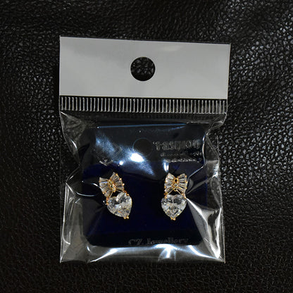 Elegant Heart Shape Bow Design CZ Stone Stud Earrings for Women