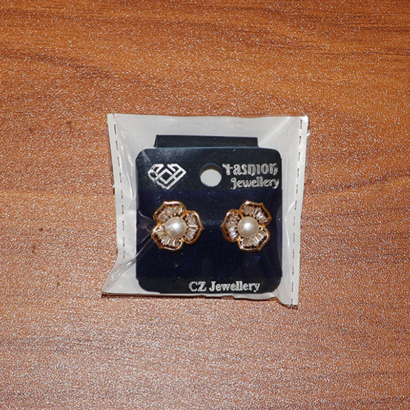 Pearl Center Floral Stud Earrings with Crystal Detailing and Gold Finish