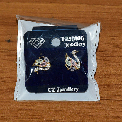 Multicolor Crystal Swan Stud Earrings with Gold Finish for Women