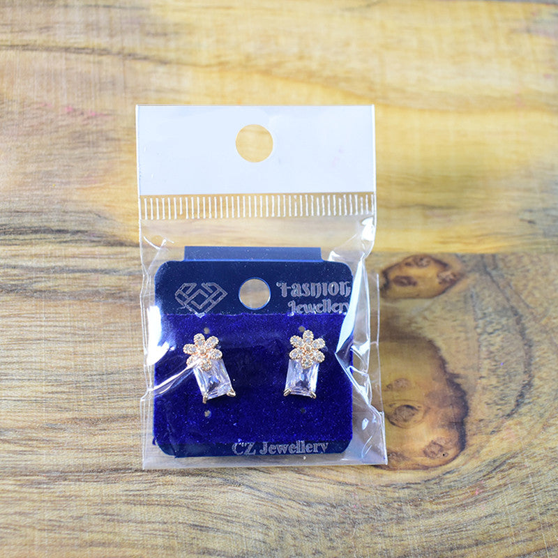 Stylish Floral Top Rectangular CZ Stone Stud Earrings for Women