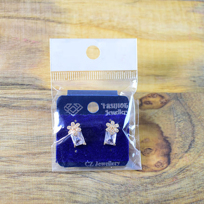 Stylish Floral Top Rectangular CZ Stone Stud Earrings for Women