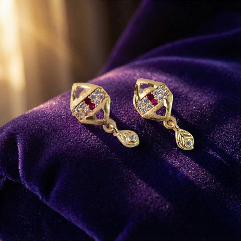 Trendy Geometric Gold Earrings with Sparkling Stones & Drop Charm