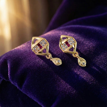 Trendy Geometric Gold Earrings with Sparkling Stones & Drop Charm