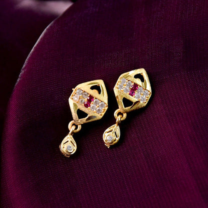 Trendy Geometric Gold Earrings with Sparkling Stones & Drop Charm
