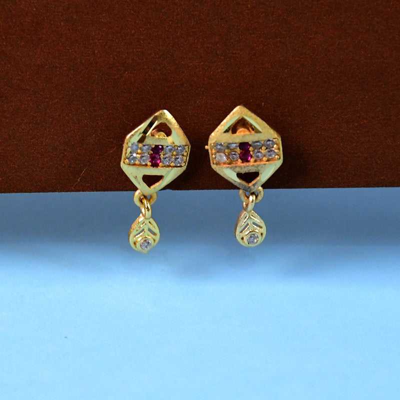 Trendy Geometric Gold Earrings with Sparkling Stones & Drop Charm