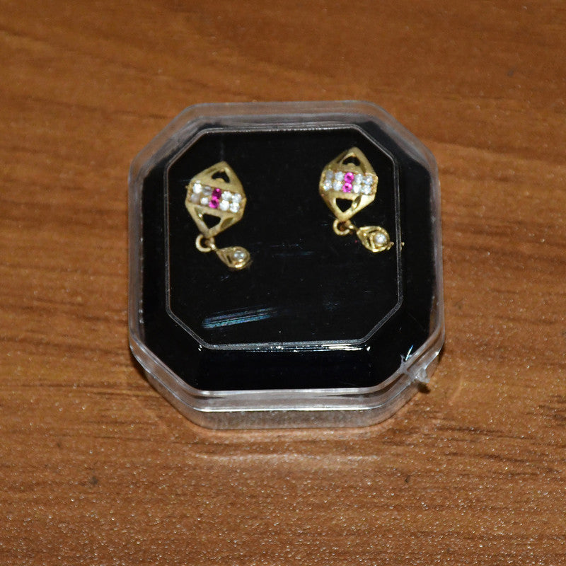 Trendy Geometric Gold Earrings with Sparkling Stones & Drop Charm