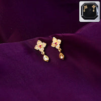 Floral Inspired Gold Earrings with Pink Stone & Hanging Drop