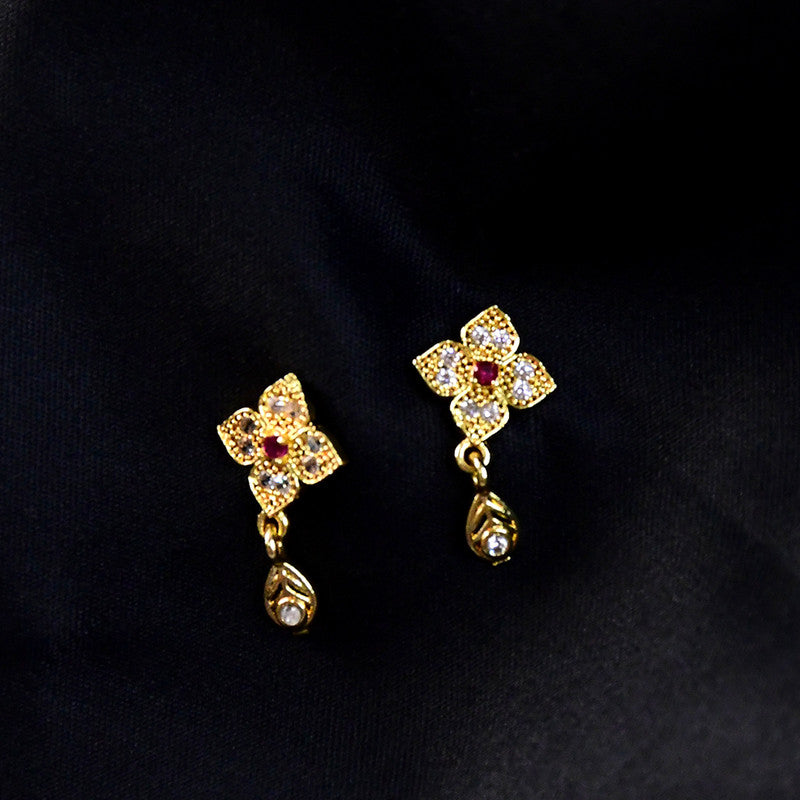Floral Inspired Gold Earrings with Pink Stone & Hanging Drop
