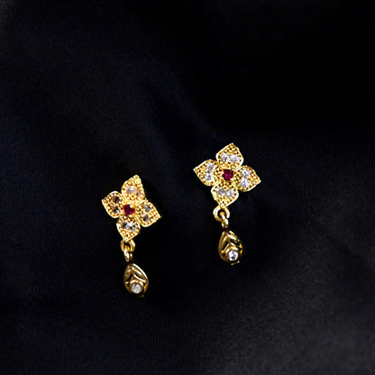 Floral Inspired Gold Earrings with Pink Stone & Hanging Drop