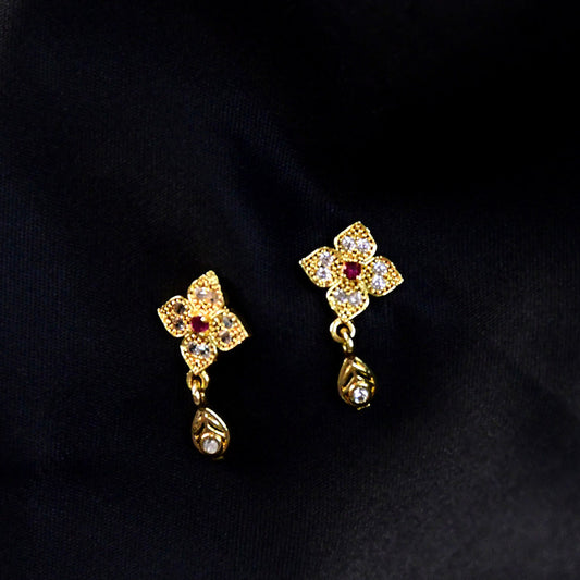 Floral Inspired Gold Earrings with Pink Stone & Hanging Drop