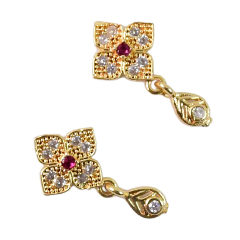 Floral Inspired Gold Earrings with Pink Stone & Hanging Drop