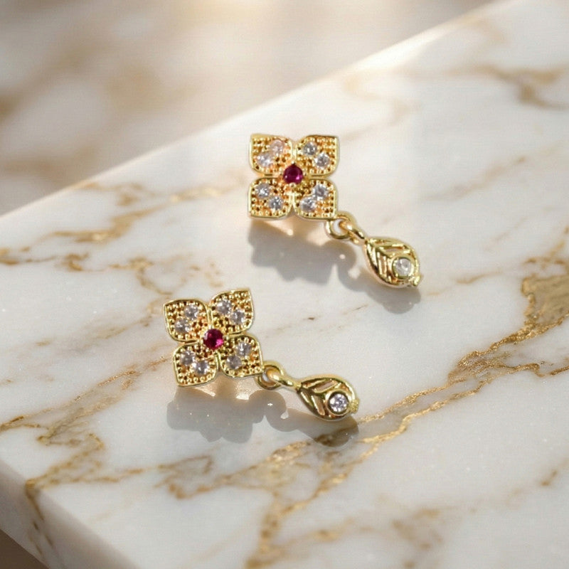 Floral Inspired Gold Earrings with Pink Stone & Hanging Drop
