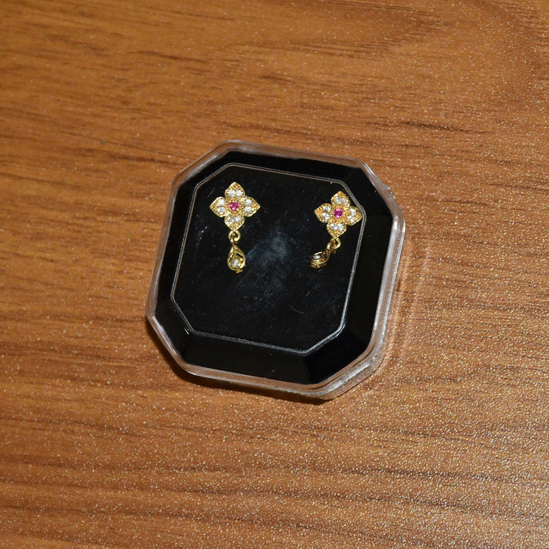 Floral Inspired Gold Earrings with Pink Stone & Hanging Drop